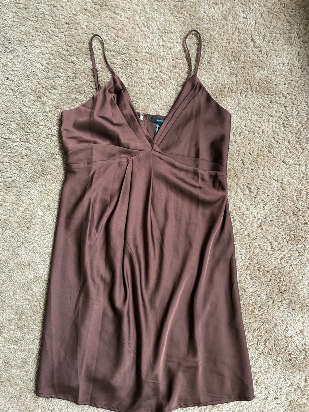 Forever 21 Brown Satin V-Neck Slip Midi Dress